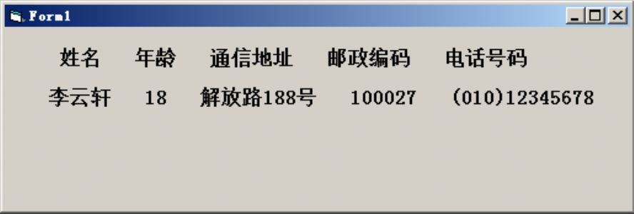 编写程序，要求用户输入下列信息：姓名、年龄、通信地址、邮政编码、电话，然后将输入的数据用适当的格式在窗体上显示出来。