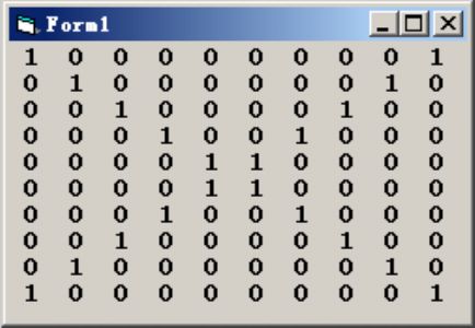 VB编写程序，建立并输出一个10*10的矩阵，该矩阵两条对角线元素为1，其余元素均为0。
