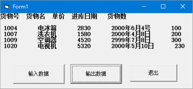 编写一个程序，输入某仓库的货物数据，建立—个顺序文件。每次从键盘上输入一种货物的数据，包括货物号、名称、单价、进库日期和数量。建立文件后，输出全部内容。